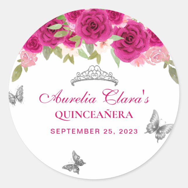 Floral Pink Silver Tiara Butterfly Quinceañera Classic Round Sticker (Front)