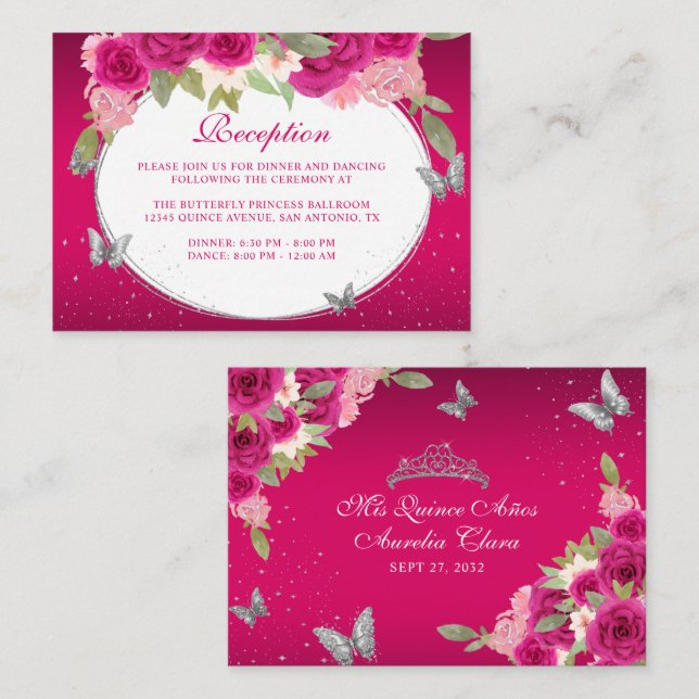 Floral Pink Silver Tiara Butterfly Quinceañera Enclosure Card (Front/Back)