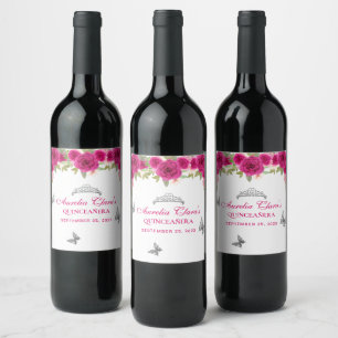 Floral Pink Silver Tiara Butterfly Quinceañera Wine Label