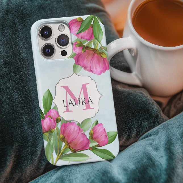 Floral Pink Simple Minimalist Monogram  Case-Mate iPhone Case (Pink floral monogram peonies phone case.)
