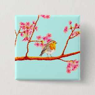 Floral Pink Spring Blossom Robin Bird 15 Cm Square Badge