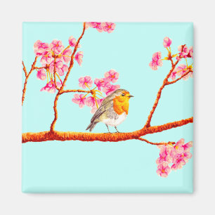 Floral Pink Spring Blossom Robin Bird Magnet