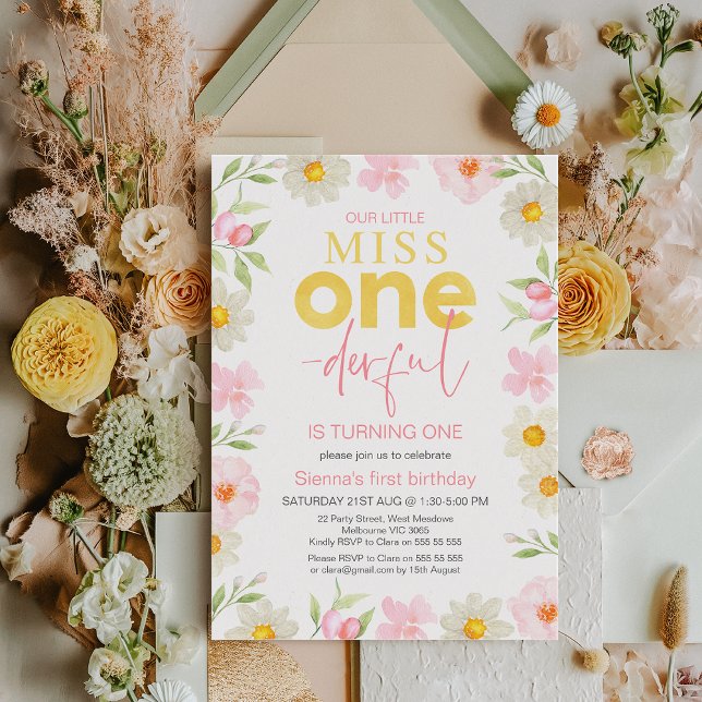 Floral Pink Spring Miss Onederful 1st Birthday  Invitation (Floral Miss Onederful 1st Birthday Invitation Spring Summer Girls First Birthday Invitation Template)