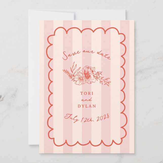 Floral Pink Stripe Botanical Save The Date (Front)