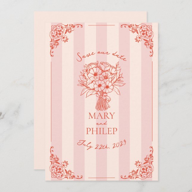 Floral Pink Stripe Botanical Save The Date Invitation (Front/Back)