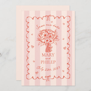 Floral Pink Stripe Botanical Save The Date Invitation