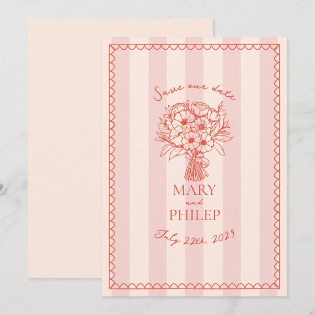 Floral Pink Stripe Botanical Save The Date Invitation (Front/Back)