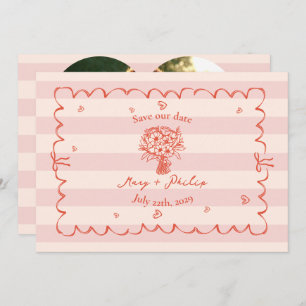 Floral Pink Stripe Botanical Save The Date Photo Invitation