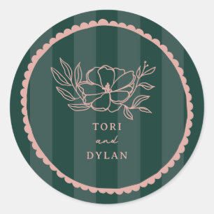 Floral Pink Stripe Wedding Classic Round Sticker