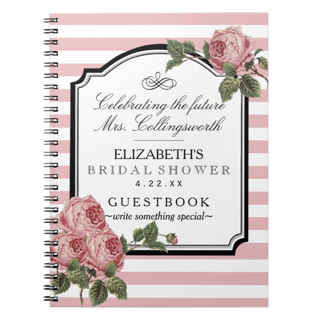 Floral Pink Stripes Girly Bridal Shower Guestbook Notebook (Front)