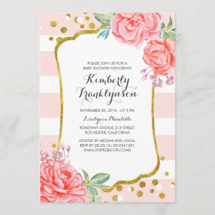 Floral Pink Stripes Gold Confetti Baby Shower Invitation