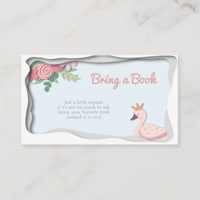 Floral Pink Swan Girl Bring a Book Baby Shower Enclosure Card (Front)