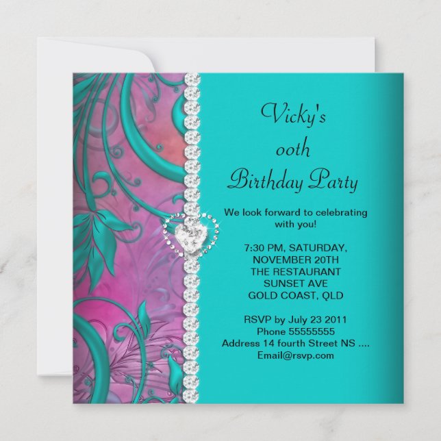 Floral Pink Teal Blue White Birthday Party Invitation (Front)
