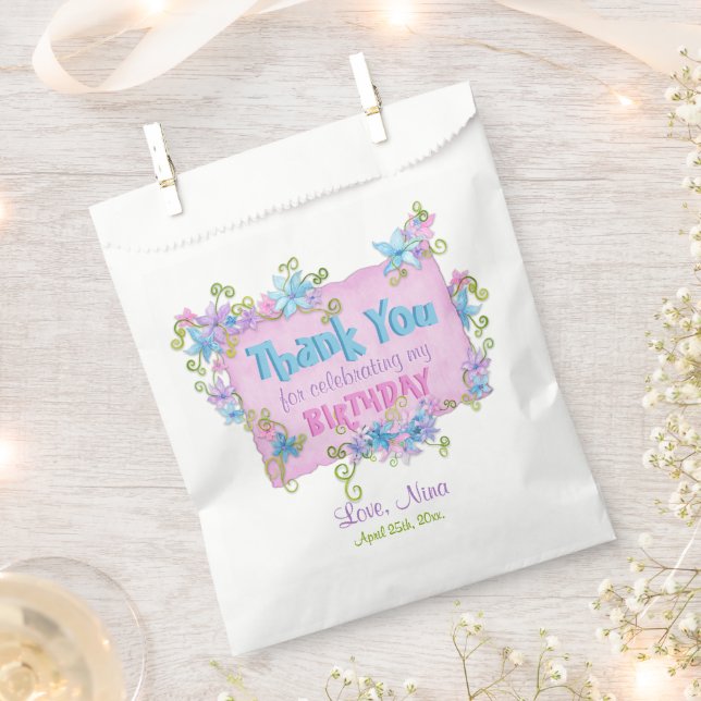 Floral Pink Thank You Birthday Party Favour Bags (Clipped)