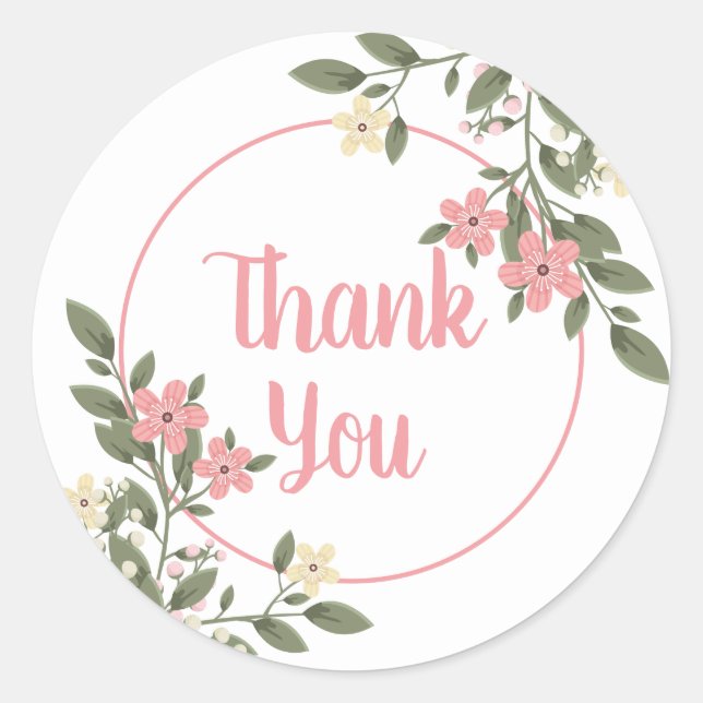 Floral Pink Thank You Flowers Wedding Botanical Classic Round Sticker (Front)