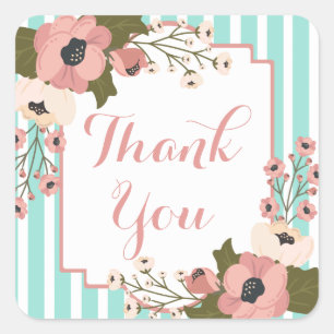 Floral Pink Thank You Green Mint Stripes Wedding Square Sticker