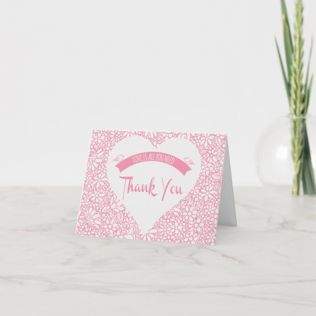 Floral Pink Thank You Heart Lovebirds Wedding (Front)
