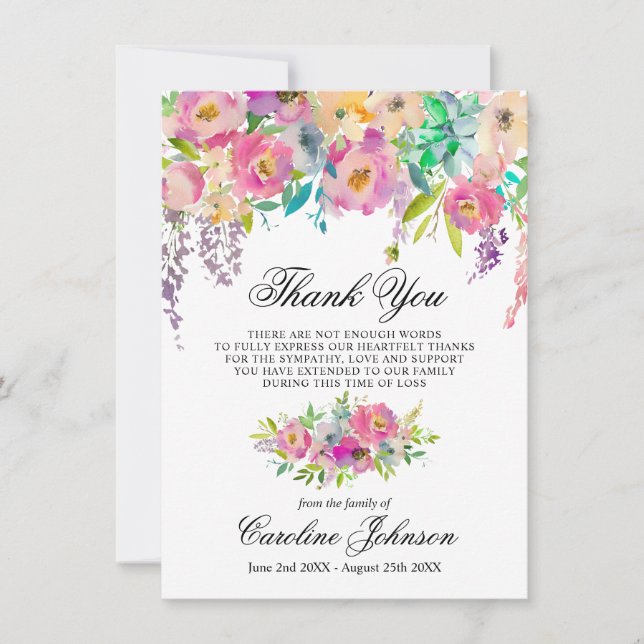Floral Pink Thank You Sympathy Memorial Prayer Card (Front)