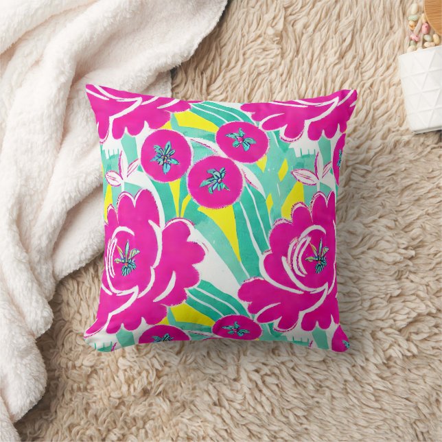 Floral Pink Tomatoes Pink Aqua Pattern Cushion (Blanket)