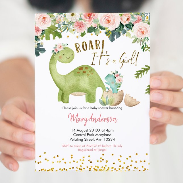 Floral Pink Tropical Dinosaur Baby Shower Invitation (Creator Uploaded)