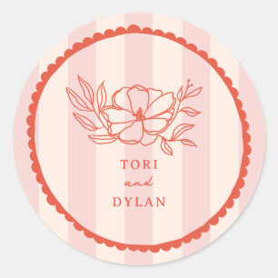 Floral Pink Tropical Stripe Wedding Classic Round Sticker