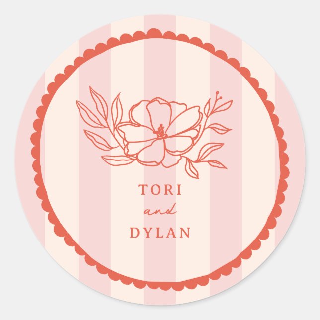 Floral Pink Tropical Stripe Wedding Classic Round Sticker (Front)