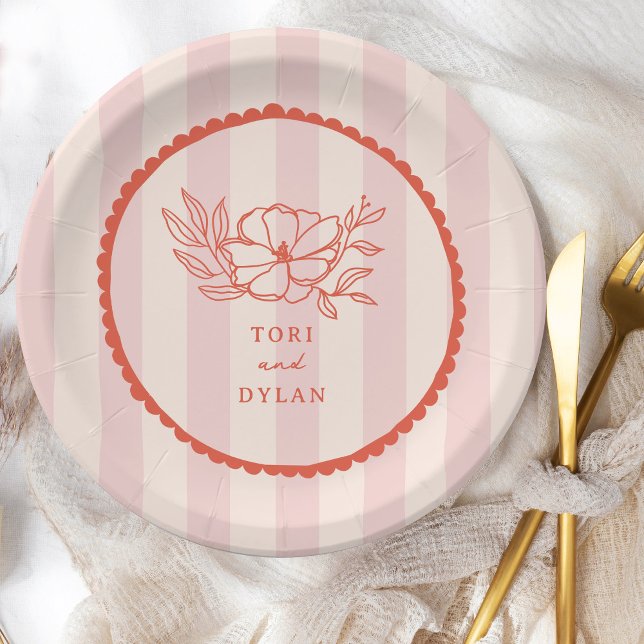 Floral Pink Tropical Stripe Wedding Paper Plate (Creator Uploaded)