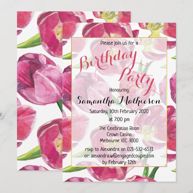 Floral Pink Tulips Birthday Party Invitation (Front/Back)