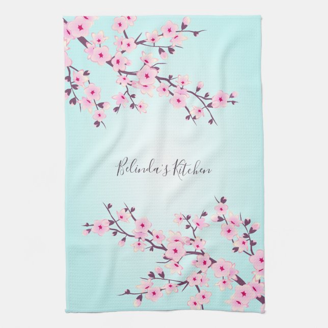 Floral Pink Turquoise Cherry Blossoms Personalise Tea Towel (Vertical)