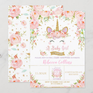 Floral Pink Unicorn Baby Shower Invitation Girl