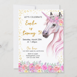 Floral Pink Unicorn Birthday Invitation