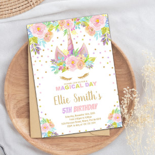 Floral Pink Unicorn Birthday Invitation
