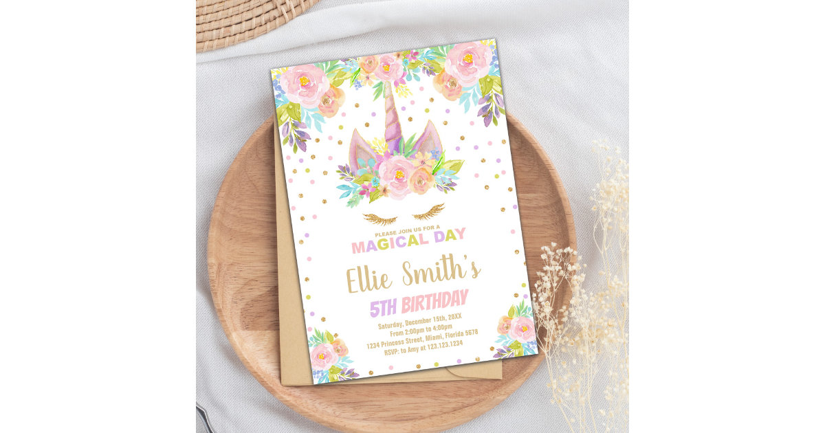 Floral Pink Unicorn Birthday Invitations Zazzle