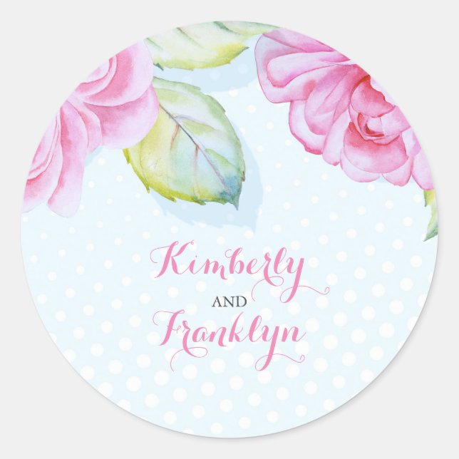 floral pink watercolor elegant wedding classic round sticker (Front)