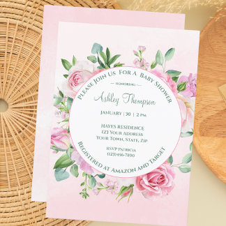 Floral Pink Watercolor Girls Baby Shower Invitation