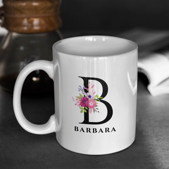 Floral Pink Watercolors Bouquet Custom Monogram Coffee Mug (Creator Uploaded)