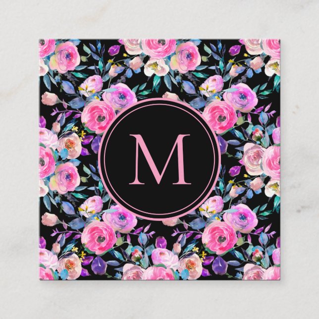 Floral Pink Watercolour Monogram Square Business Card (Front)