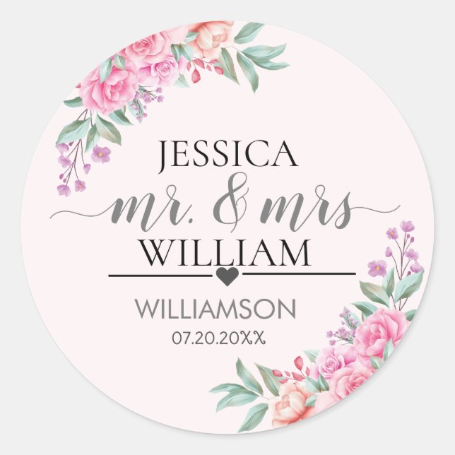 Floral Pink wedding  Classic Round Sticker (Front)