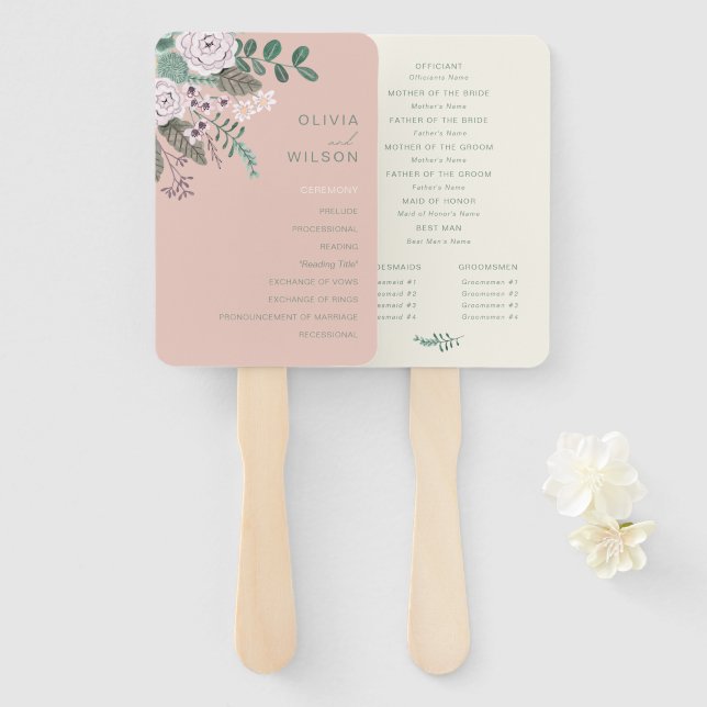 Floral pink wedding Set of Fans (Front and Back)