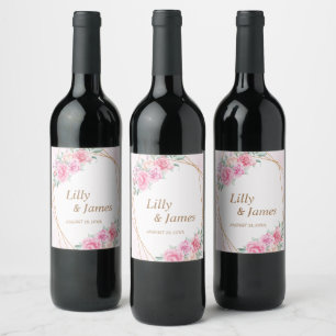 Floral Pink Wedding Wine Label