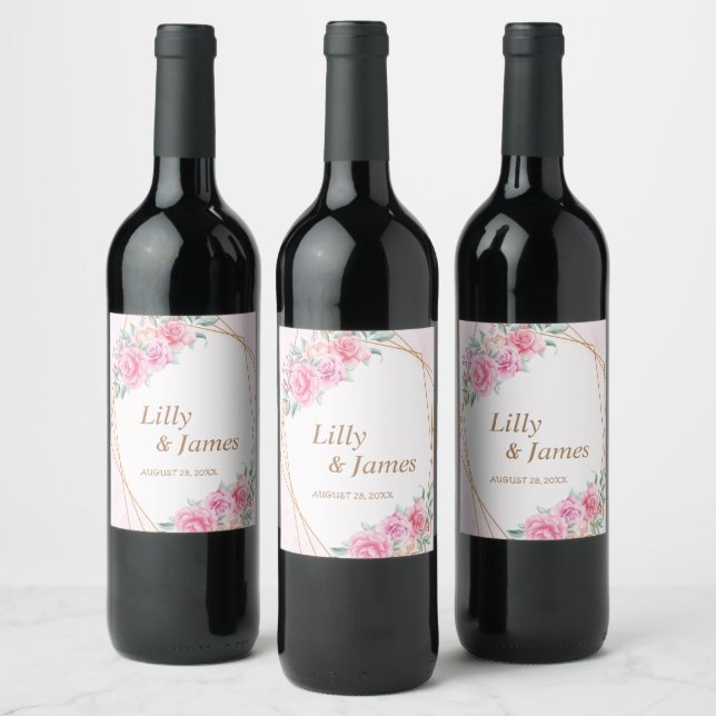 Floral Pink Wedding   Wine Label (Bottles)