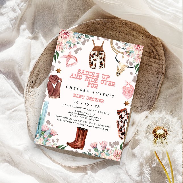 Floral Pink Western Rodeo Baby Shower  Invitation (Cowgirl Baby Shower Invitation, Rodeo Baby Shower Invitation Girls, Western Country Baby Shower)