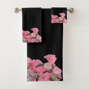 Floral Pink  White Flowers black Background Bath Towel Set