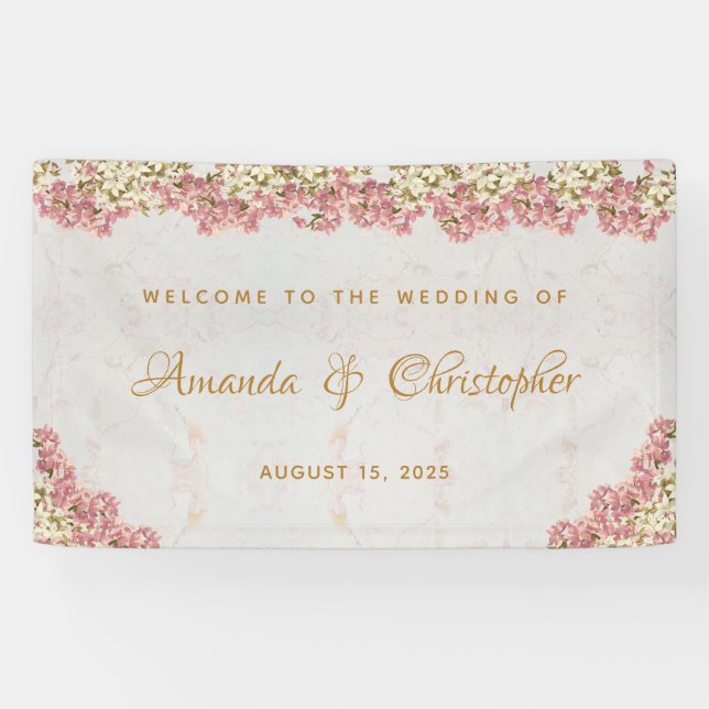 Floral Pink White Orchids Marble  Script Wedding Banner (Horizontal)