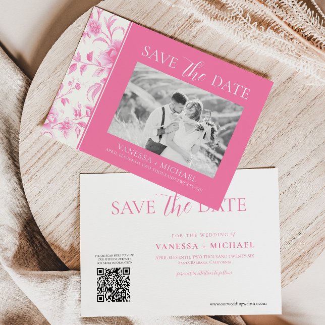 Floral Pink White Toile De Jouy Photo Save The Date (Creator Uploaded)