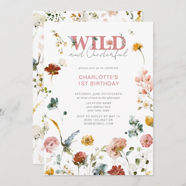 Floral Pink Wild & Onederful Girl 1st Birthday Invitation (Front/Back)