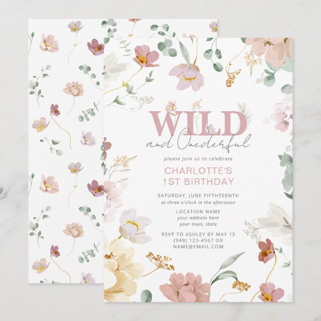 Floral Pink Wild & Onederful Girl 1st Birthday Invitation (Front/Back)