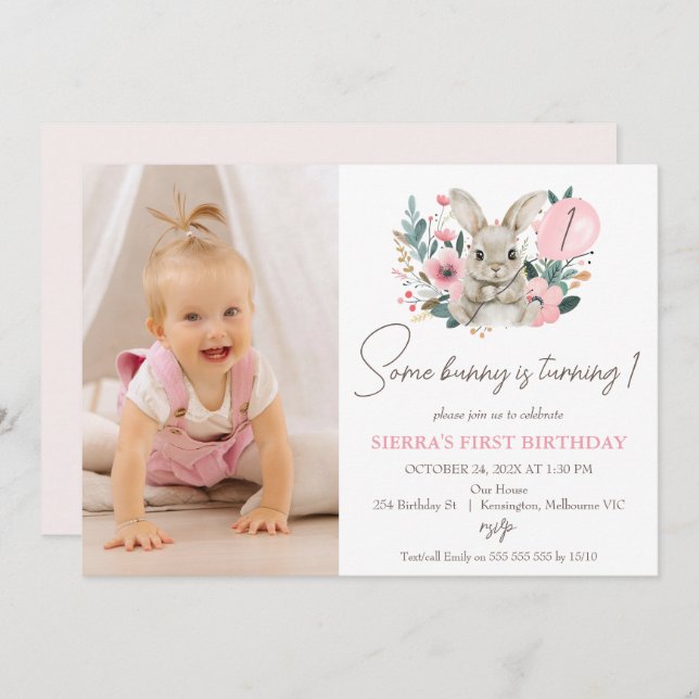 Floral Pink With Photo Some Bunny 1st Birthday Invitation (Front/Back)