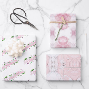 Floral Pink Wrapping Paper Flat Sheet Set of 3