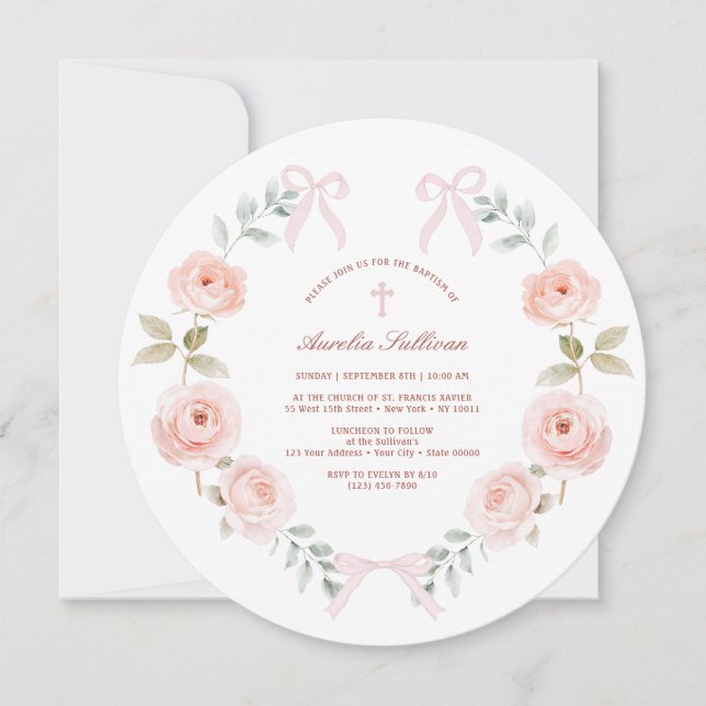 Floral Pink Wreath Baptism Invitation (Front)